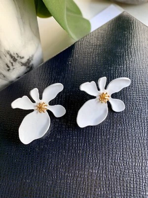 Big White Flower Earrings Boho Metal Floral Stud Earrings Gift For Her - Image 1 of 4