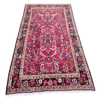 Handmade Persian Wool Rug With Intricate Red Floral Leopards Lions Birds VTG - Image 1 of 4