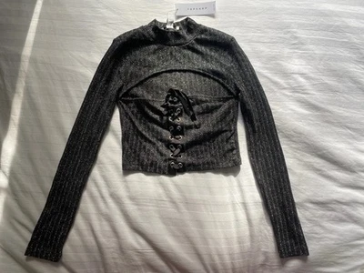 BNWT Original Topshop Silver Lace Up Cut Out Style Cropped Fit Top Size 6 Petite - Image 1 of 4