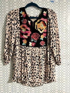 Top tunica SAVANNA JANE 1X ricamato stampa leopardata manica 3/4 scollo a V casual boho - Foto 1 di 4