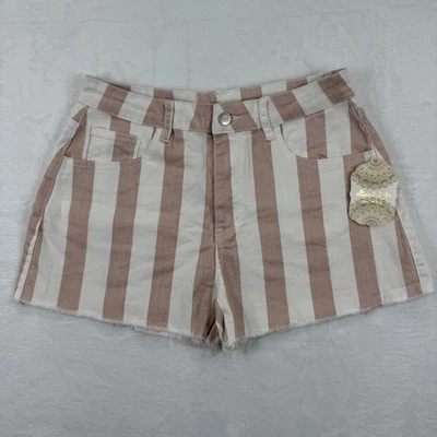 Altar'd State Womens Size M Pink White Striped Cutoff Denim Shorts Frayed Hem - Image 1 of 4