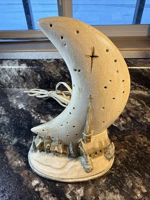 Luz nocturna estrella vintage de cerámica luna creciente/iglesia/pueblo 1992 Navidad Foto 1 de 4