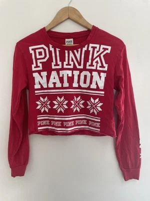 粉红色维多利亚的秘密粉色国家博览会岛棉长袖作物上衣红色 XS — 第 1/4 张图片