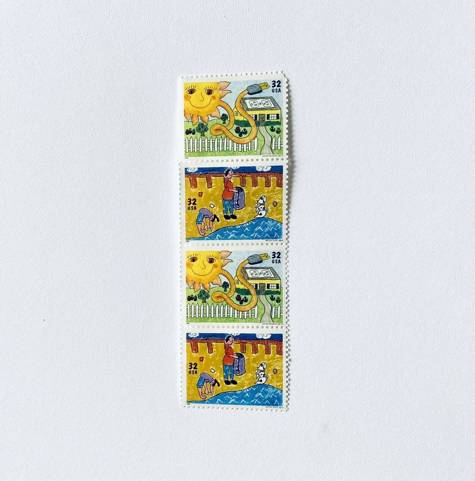 VIntage Never Used Set of 4 US Postage Stamps 1995 Kids Care About Environment - Image 1 of 2