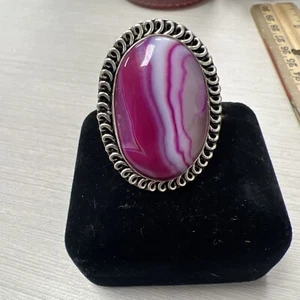 Germán Silver Size 8 Vintage Punk Agate Stripped 1.5” Ring - Picture 1 of 7