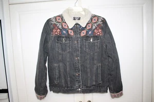 JOHNNY WAS WORKSHOP Yadani Sherpa Denim Blue Jean Jacket Aztec Boho Embroider S - Picture 1 of 15