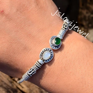 Diopside & Rainbow Moonstone Gemstone 925 Sterling Silver Cuff Bracelet/C-782 - Picture 1 of 5