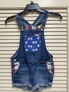 LEI Meri Shortalls Girls Medium Denim Stars and Stripes Whiskered Cuffed USA - Picture 1 of 14