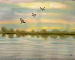 GEMÄLDE AQUARELL ORIGINAL KUNST SONNENAUFGANG SEEN LANDSCHAFT BLAU 11X14 und MATTE 16X20 - Bild 1 von 2