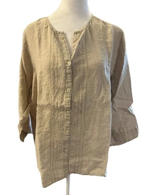 Liz Claiborne Sport 100% 亚麻米色 3/4 袖套衫衬衫衬衫女式 XL — 第 1/3 张图片