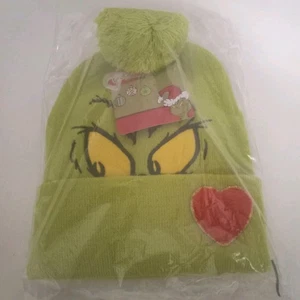 The Grinch Dr. Seuss Weihnachten Beanie Bommel grün groß rot Herz Erwachsene Einheitsgröße neu mit Etikett - Bild 1 von 2