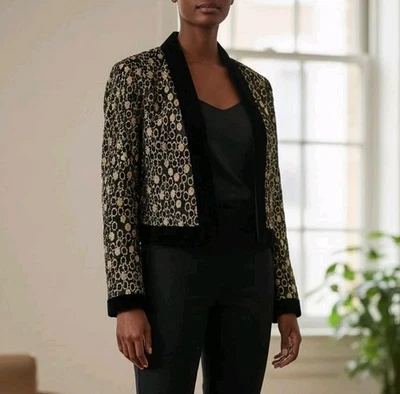 Vintage Black And Gold Cocktail Evening Jacket Patra 6 Metallic Velvet Holiday  - Image 1 of 4