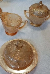 3 Iris Herringbone Glass Iridescent Carnival Sugar & Lid & Creamer, Butter & Lid - Picture 1 of 1