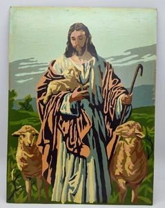 Quadro dipinto vintage Gesù con pecora dipinto per numero 12" x 16" religioso - Foto 1 di 6