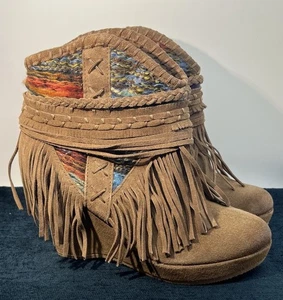 Naughty Monkey (Größe 8) braune Leder Stiefeletten Fransen & Riemen Keilabsatz - Bild 1 von 11