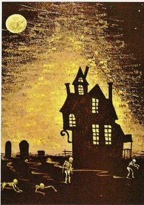ACEO PRINT OF PAINTING RYTA HALLOWEEN SKELETON MOON HAUNTED HOUSE FOLK ART SKULL - Picture 1 of 1