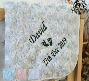 PERSONALISED BABY BLANKET EMBROIDERED ROSEBUD ITALIC FONT BABY BOY GIRL GIFT - Picture 1 of 9