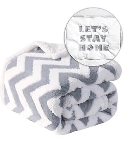 Heavy Sherpa Fleece Blanket Embroidered Let’s Stay Home Reversible White & Grey - Picture 1 of 7