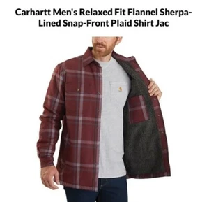 NEW 3XL Carhartt Relaxed Fit Flannel Sherpa Lined Snap Shirt Jacket Dark Cedar - Picture 1 of 5