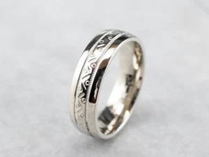 Patterned White Gold Wedding Band - Picture 1 of 10