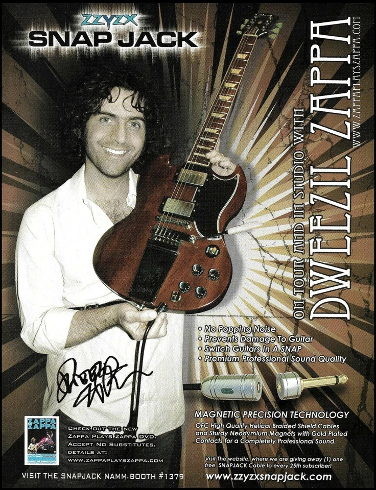 Dweezil Zappa has Snap Jack Cables on Gibson SG Frank Zappa guitar advertisement - Image 1 of 3