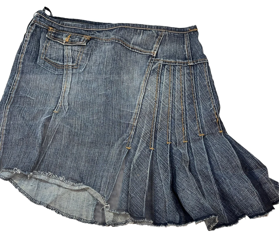 Vtg DOLLHOUSE RARE Asymmetrical PLEATED Denim JEAN Skirt 13 Raw Hem Faded Emo 13 - Image 1 of 4