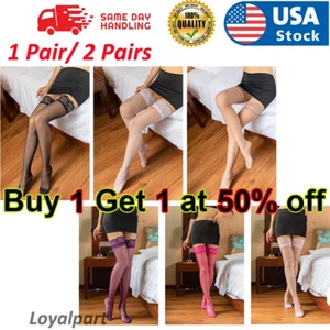 1-2Pairs Lady's Lace Top Stay Up Thigh-High Stockings Women Sexy Pantyhose Socks - Picture 1 of 29