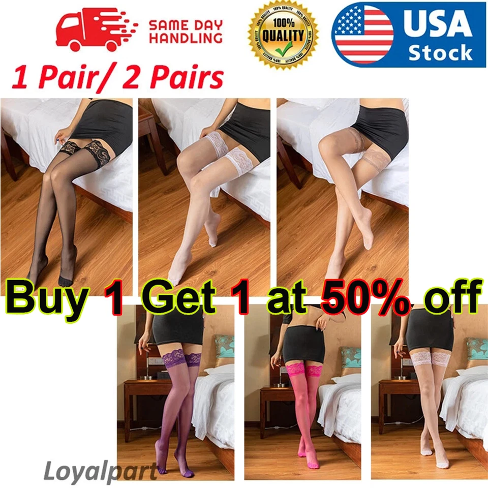 1-2Pairs Lady's Lace Top Stay Up Thigh-High Stockings Women Sexy Pantyhose Socks - Image 1 of 4