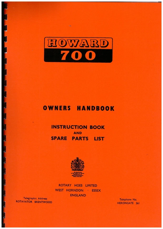 Libro de instrucciones de rotavator de jardín Howard "700" y lista ilustrada de piezas de repuesto