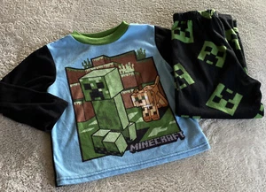 Minecraft Boys Blue Green Black Creeper Cheetah Fleece Long Sleeve Pajamas 6 - Picture 1 of 7