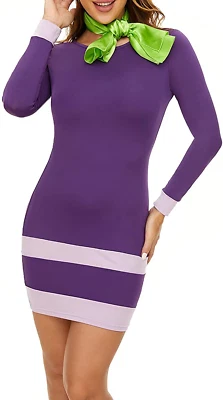 Halloween Long Sleeves Mini Dress Scooby Doo Costume Daphne Dress With Scarf - Image 1 of 4