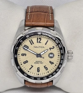 Men's Nautica Indiglo Cream Dial WR50M Tachymeter Brown Leather Strap Watch 09 - Picture 1 of 10