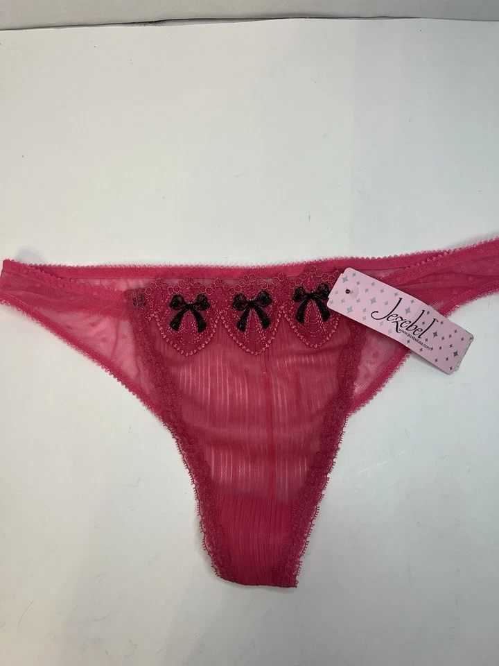 NWT JEZEBEL LARGE BLACK PINK BABYDOLL BOW LACE VINTAGE RARE THONG PANTIES - Image 1 of 3