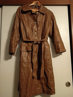 Vintage 1970s Women's Leather Light Brown 24 K Dan Di Modes Trench Coat Sz 16  - Image 1 of 4