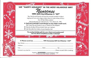 Formulario de pedido de certificado de regalo de Nunsense, Charles Playhouse, Boston, MA., 1991 - Imagen 1 de 2