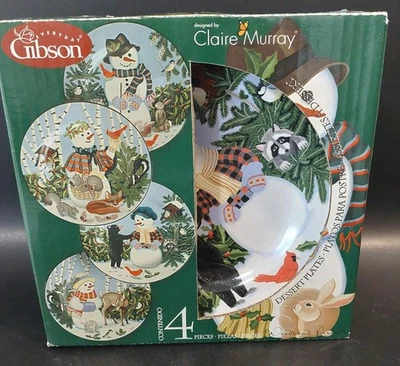 Juego de 4 platos de postre Gibson Claire Murray Woodland Friends muñeco de nieve animal 8" Foto 1 de 4