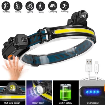 MARKENLOS Kopflampe LED Sensor XPG+COB Stirnlampe Scheinwerfer USB Wiederaufladbar 6 Modi