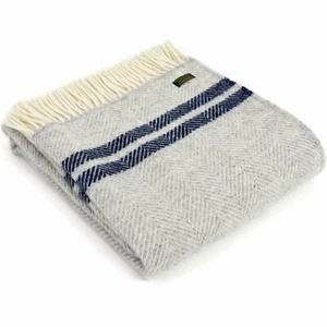 TWEEDMILL TEXTILES 100% Wool Throw Blanket FISHBONE SILVER GREY/NAVY BLUE STRIPE - Picture 1 of 12