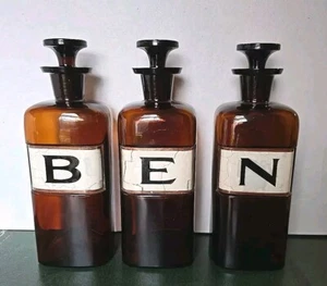 3 Amber Brown Antique Apothecary Jars, Label Under Glass, Perfect For Dr BEN! - Picture 1 of 13