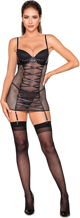 Dreamgirl Mujeres Rejilla e Imitación Cuero Liguero Slip & G-String Set Negro, Mediano Foto 1 de 1