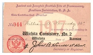 Consistorio Witchita Nº Tarjeta de membresía 2 1917 rito escocés masonería C1 - Imagen 1 de 2