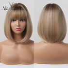 Short Straight Bob Synthetic Wigs with Bangs Brown Blonde Daily Wig for Women