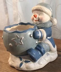 Snowman Winter Blue Sparkly Candle Holder Table Decor 4-1/2” Tall - Picture 1 of 7