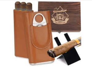 Cedar Wood case Brown Leather Sturdy Cigar Case Travel Holder Gift Box - Picture 1 of 4