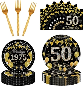 96Pcs 50Th Birthday Party Tableware Set for Men Women, Black Gold Vintage 1974 B - Picture 1 of 12