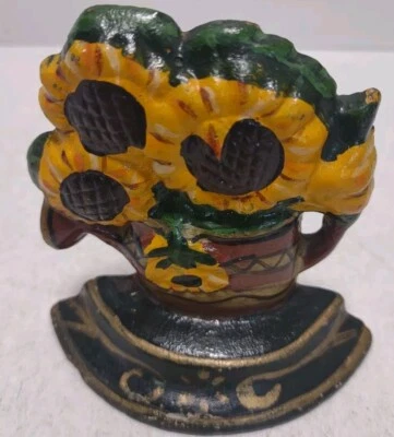Vintage Cast Iron Sunflower Doorstop Hand Painted Flower Vase Hubley Style - Image 1 of 4