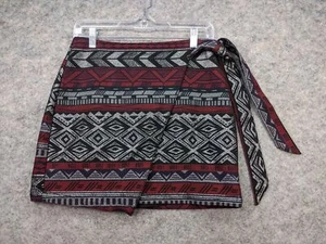 Express Skirt Womens 2 Black Red Metallic Jacquard Wrap Mini Aztec Tribal - Picture 1 of 9