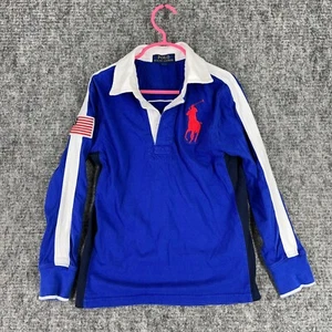 Ralph Lauren Polo Shirt Boys S Blue Rugby Big Pony #3 Long Sleeve USA Flag Youth - Picture 1 of 7