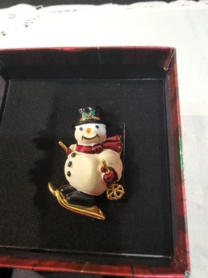 Joan Rivers Jolly Snowman on Skis Christmas Enamel Gold Tone Brooch Pin - Image 1 of 4