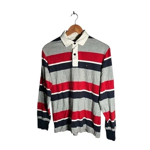 Tommy Hilfiger Rugby Camicia Bottoni Uomo Taglia XS Grigio Rosso Righe Manica Lunga - Foto 1 di 13